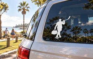Hockey rinkside vinyl decal of a player silhouette holding a hockey stick and bag
