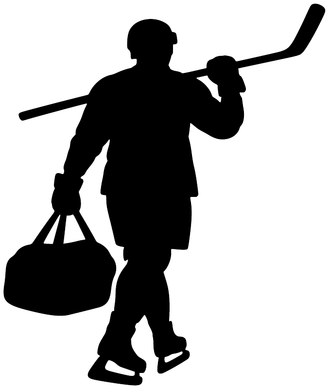 Black hockey player silhouette vinyl decal holding a stick and a hockey bag