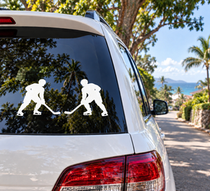 Hockey after-the-game vinyl decal, two white hockey players shaking hands with sticks