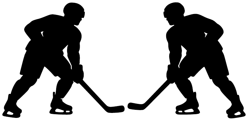 Hockey after-the-game vinyl decal, two black hockey player silhouettes shaking hands with sticks