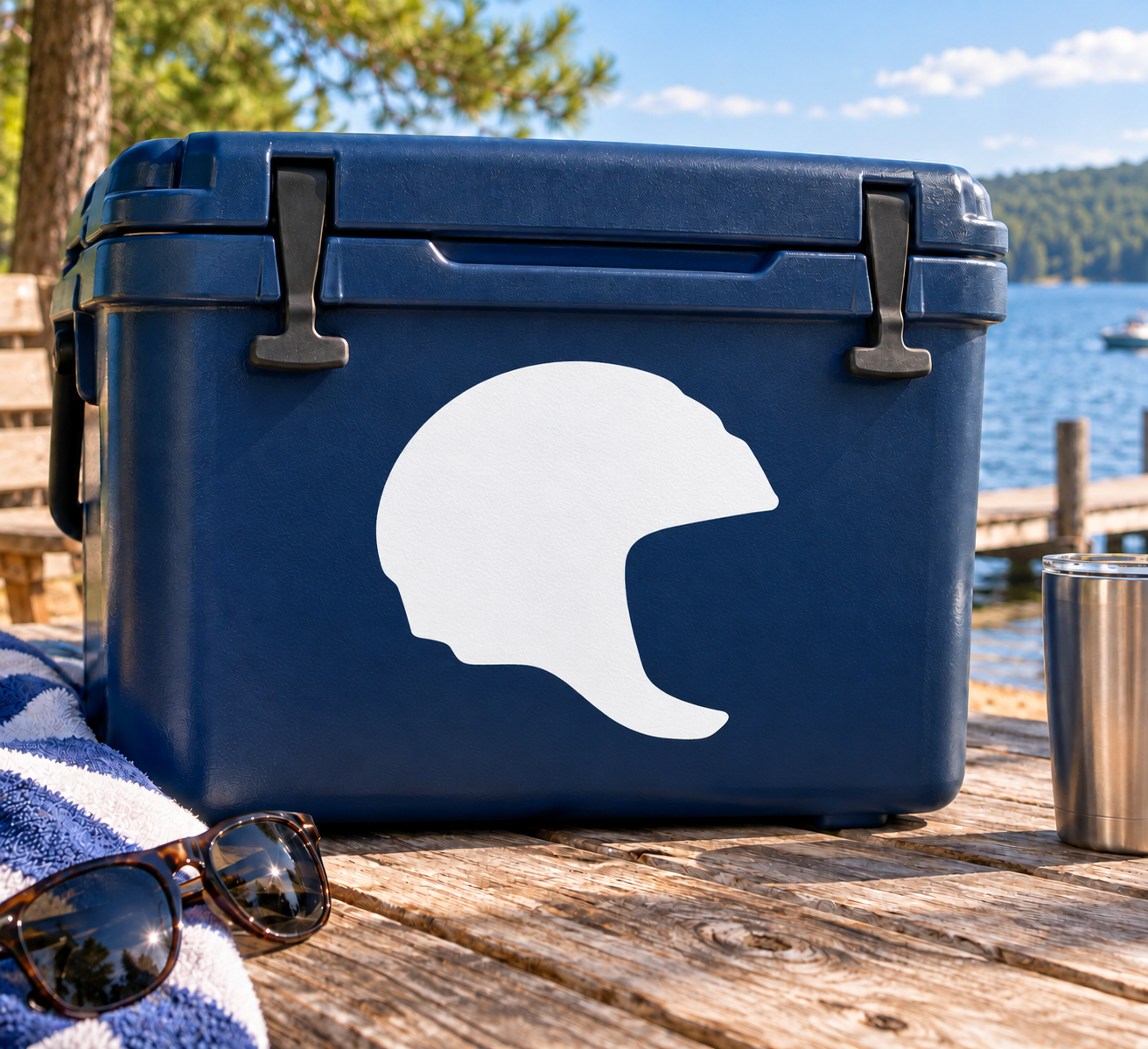 Hockey helmet vinyl decal on blue case, white helmet silhouette