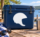 Hockey helmet vinyl decal on blue case, white helmet silhouette