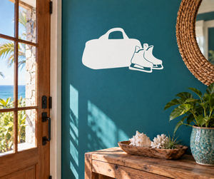 White vinyl decal of a hockey duffel bag with ice skates silhouettes