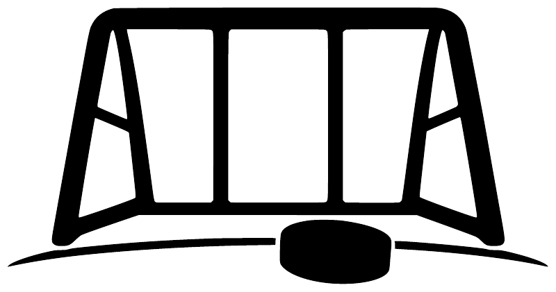 Black hockey goal net vinyl decal graphic with puck, outlined on white