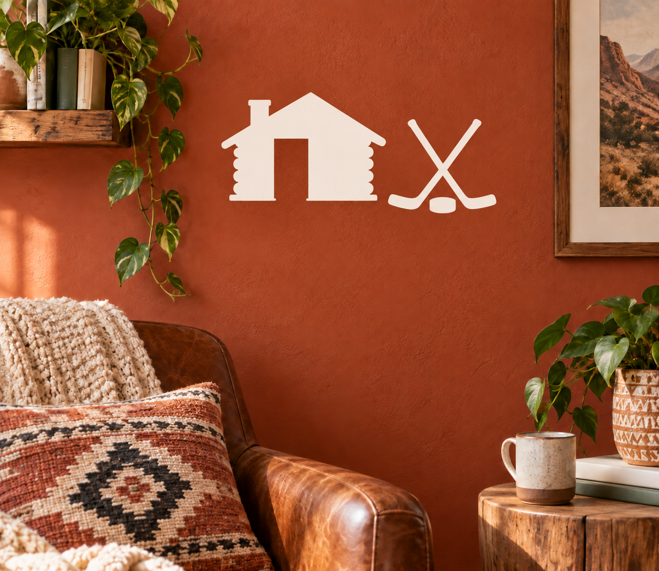 White hockey house and crossed stick vinyl decal on wall