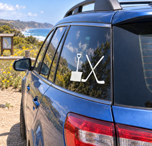 Hockey vinyl decal for car window: white trophy glass and large X with hockey stick silhouettes.