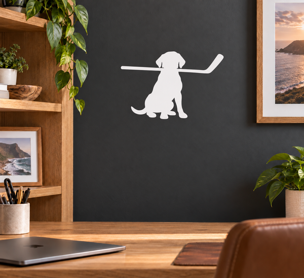 Hockey rink dog vinyl decal, white silhouette of player holding stick with dog