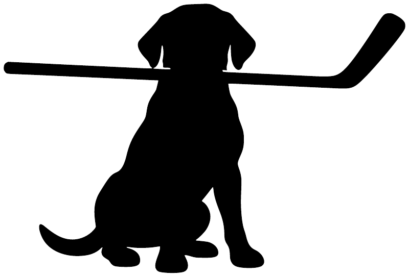 Hockey dog vinyl decal, black silhouette of hockey player above seated dog with stick