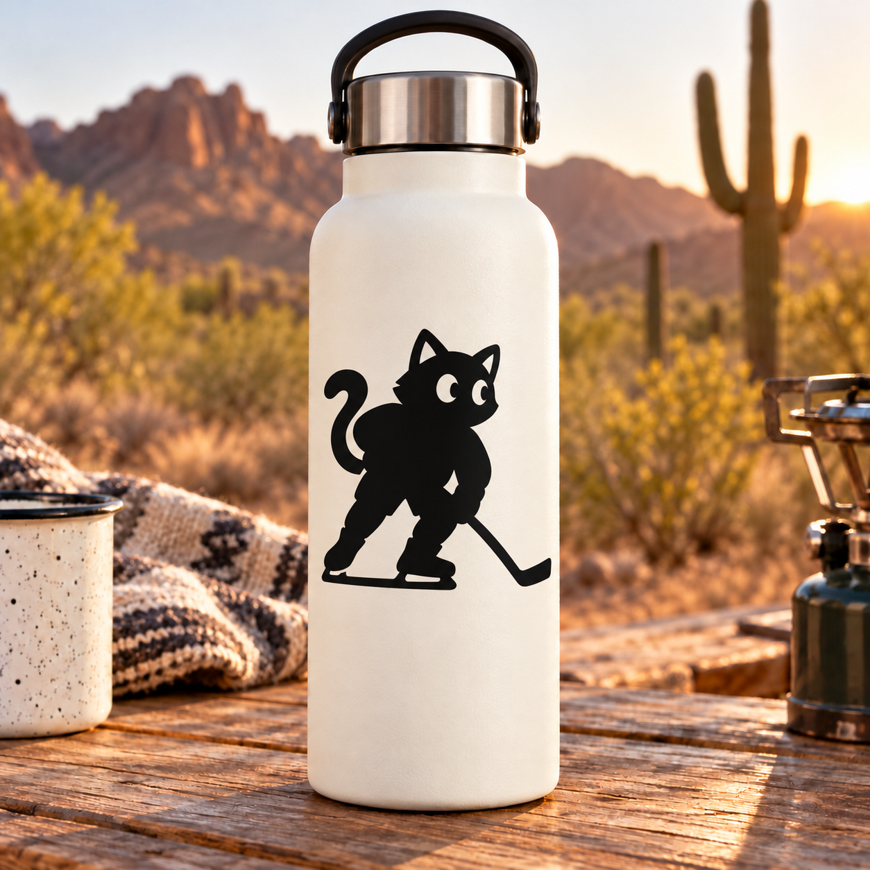 Black hockey cat vinyl decal on white water bottle