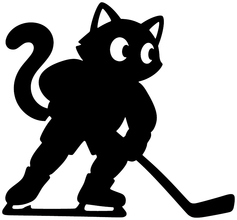 Black hockey cat vinyl decal silhouette with hockey stick and skates