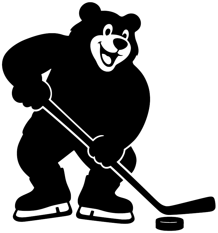 Hockey bear practice vinyl decal close-up, black bear with white outline and hockey stick