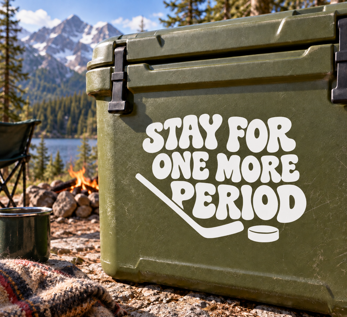 Vinyl hockey decal: Stay for One More Period with stick and puck, white.
