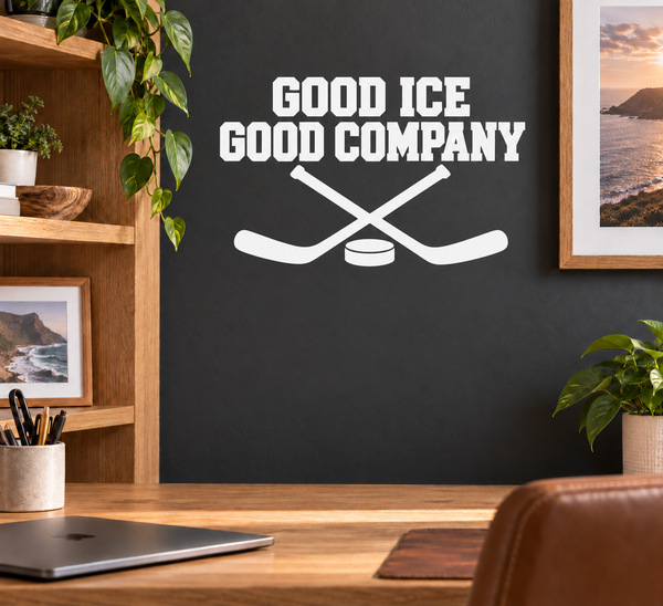 Hockey vinyl decal: 'GOOD ICE GOOD COMPANY' with crossed sticks and puck