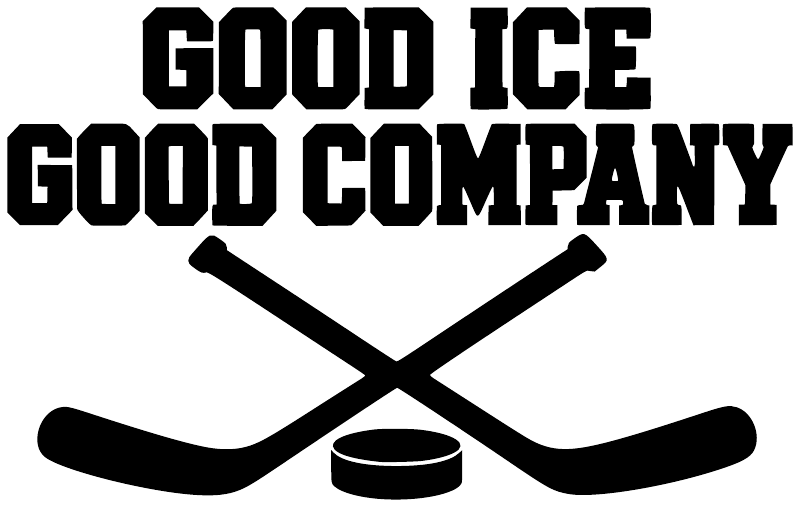 Hockey vinyl decal: 'GOOD ICE' over 'GOOD COMPANY' with crossed sticks and puck