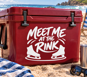 Vinyl decal with “Meet Me at the Rink” text and ice-skate graphic in white
