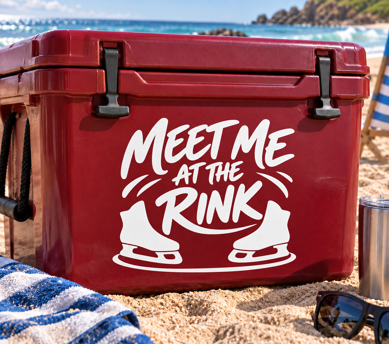 Vinyl decal with “Meet Me at the Rink” text and ice-skate graphic in white