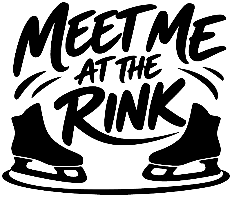 Vinyl decal in black with “Meet Me at the Rink” lettering and skate silhouettes