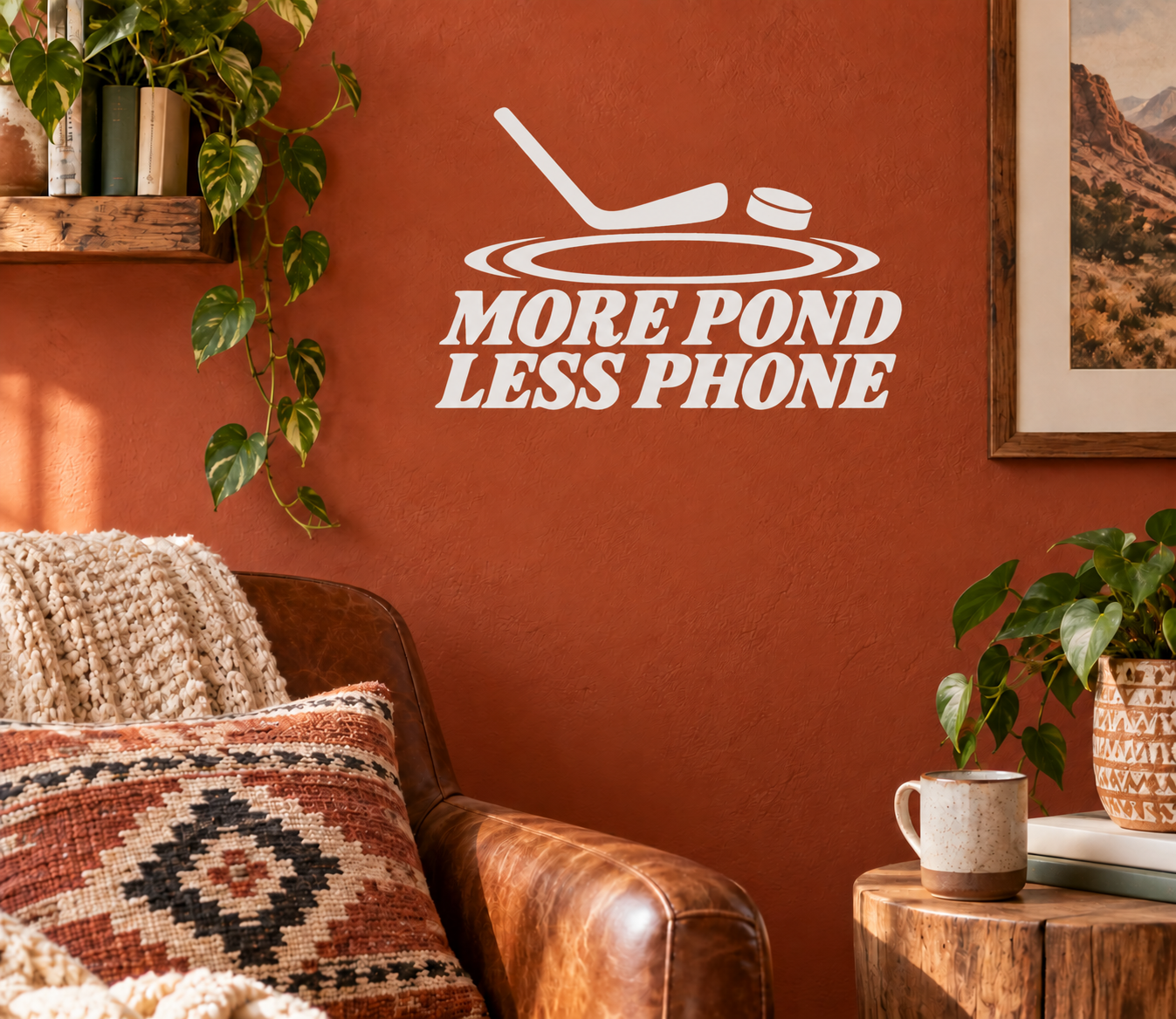 White hockey vinyl wall decal: 'MORE POND LESS PHONE' with puck icon
