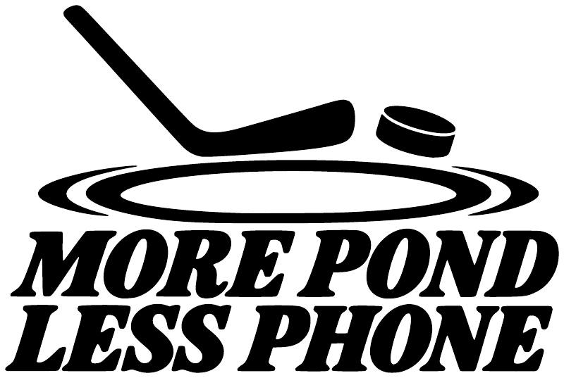 Black vinyl wall decal reading 'MORE POND LESS PHONE' with hockey stick and puck