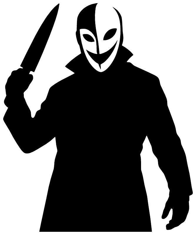 Vinyl decal of masked figure holding a dagger, bold black-and-white design