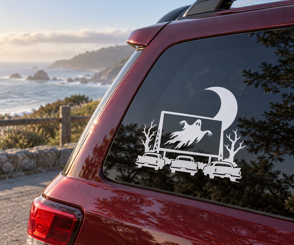 Haunted drive-in vinyl decal: ghost screen, cars, trees, moon on car window