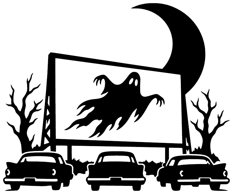 Haunted drive-in vinyl decal silhouette: ghost in screen with cars, trees, dark moon