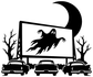 Haunted drive-in vinyl decal silhouette: ghost in screen with cars, trees, dark moon