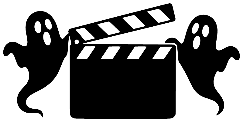 Vinyl decal graphic: black ghosts and clapperboard film frame on white background
