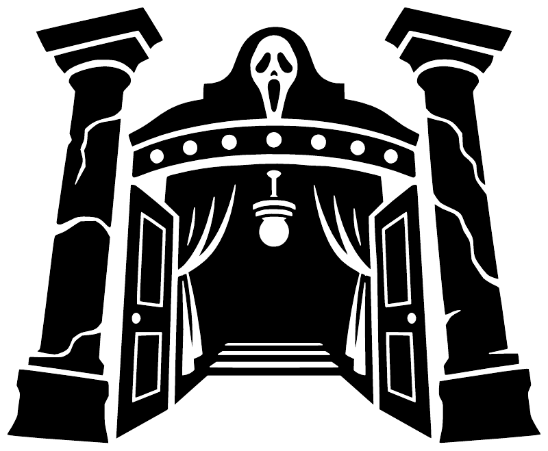 Black haunted cinema doorway vinyl decal with ghost and columns