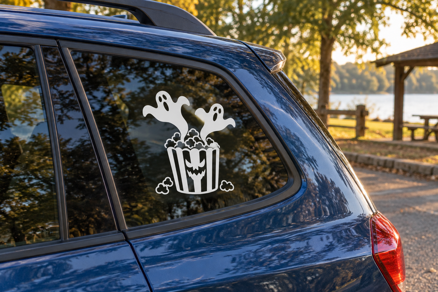 Ghost and popcorn vinyl decal on car window, white spooky silhouettes