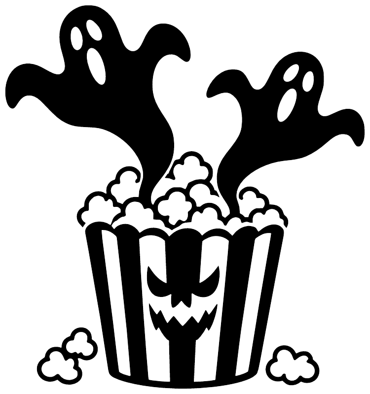 Ghosts over popcorn vinyl decal graphic, black, white, and striped bucket