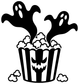 Ghosts over popcorn vinyl decal graphic, black, white, and striped bucket