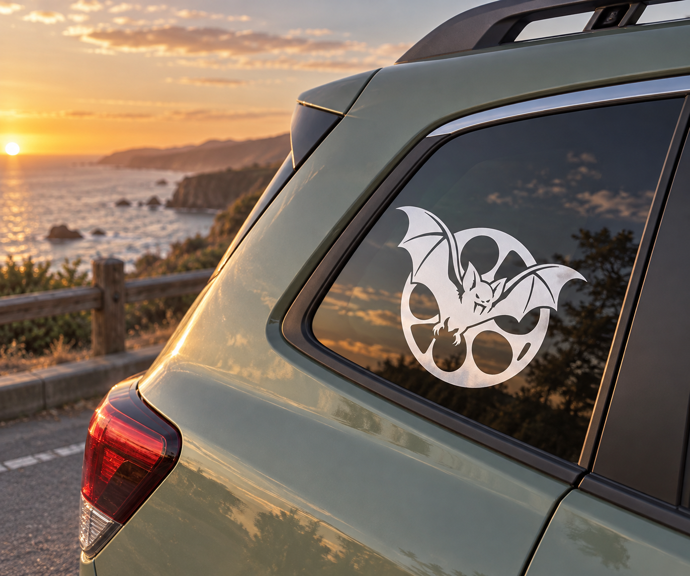 Vinyl car decal with white vampire bat in dark circle