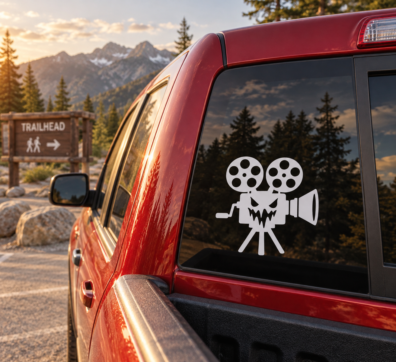 Spooky film camera vinyl decal with white skull and twin film reels on car window