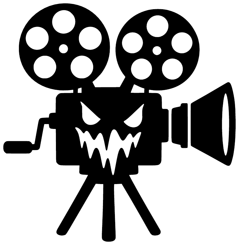 Spooky film camera vinyl decal illustration: black camera with white skull grin and film reels