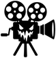 Spooky film camera vinyl decal illustration: black camera with white skull grin and film reels