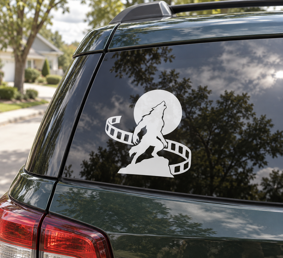Werewolf moon vinyl decal on car window with film reel
