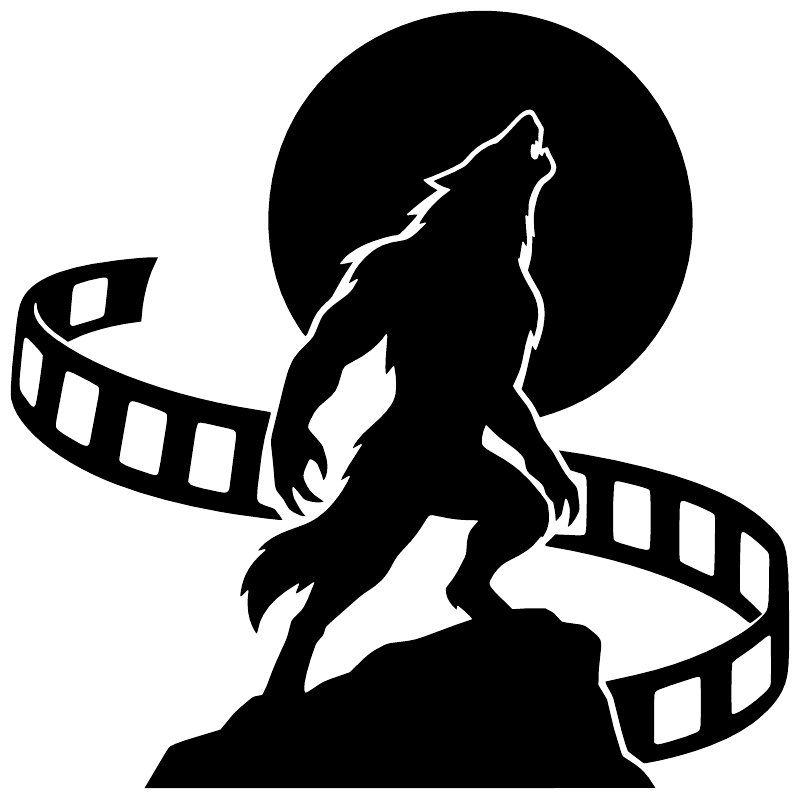 Werewolf moon vinyl decal silhouette with film reel ribbon, black and white
