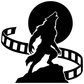 Werewolf moon vinyl decal silhouette with film reel ribbon, black and white