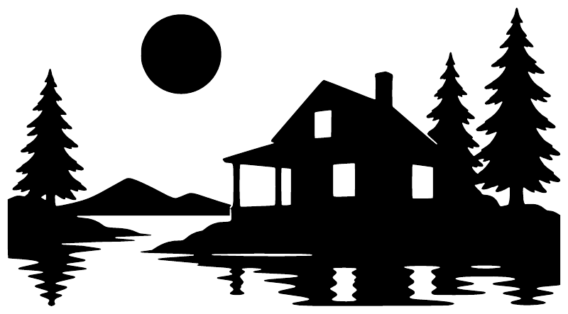 Haunted cabin screen vinyl decal in black silhouette with moon, house, and pine trees