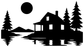 Haunted cabin screen vinyl decal in black silhouette with moon, house, and pine trees