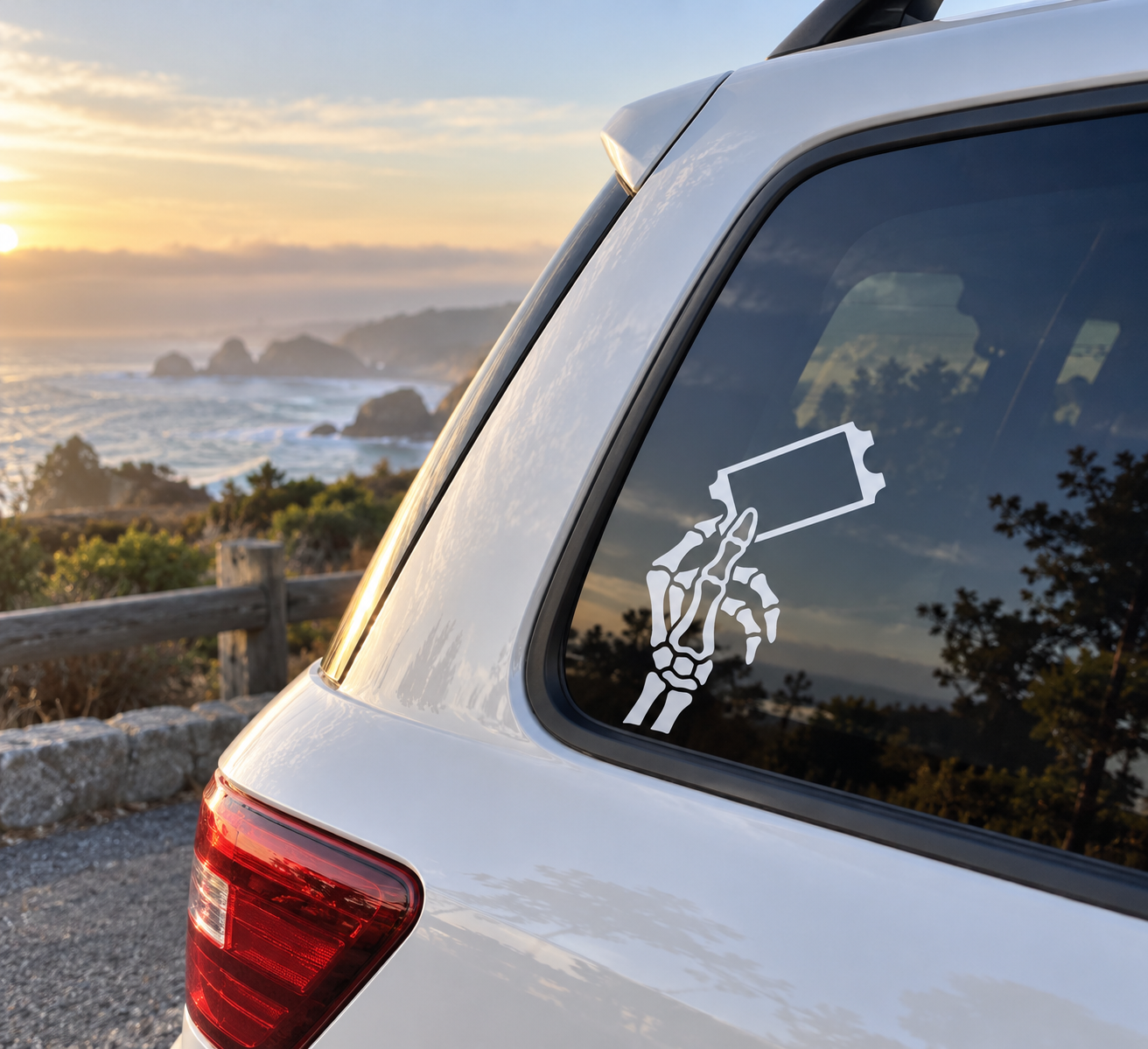 Car window skeleton ticket vinyl decal, black skeleton and ticket icon