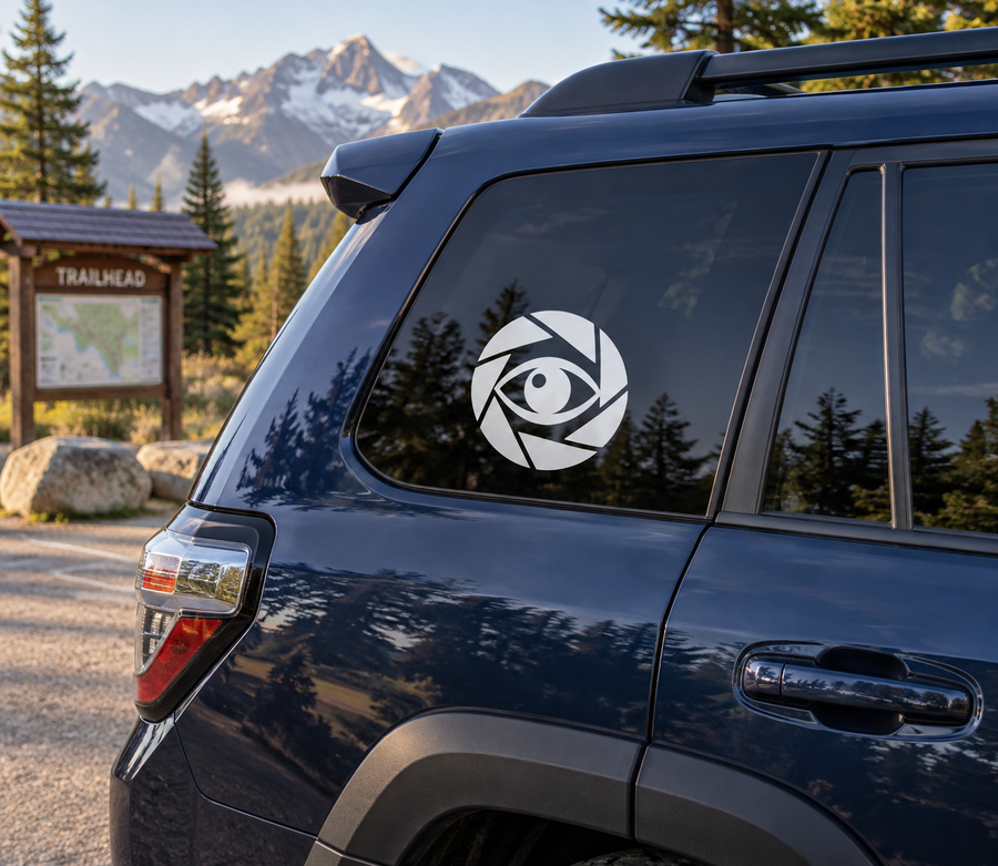 Aperture eye vinyl decal for car, black and white circular eye symbol on window