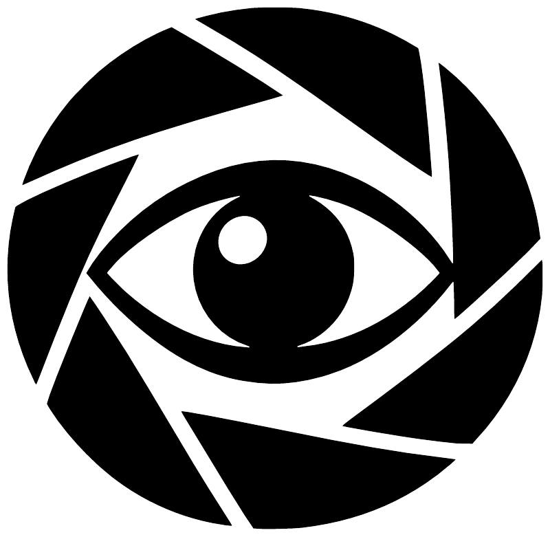 Black and white aperture eye vinyl decal, close-up circular eye emblem