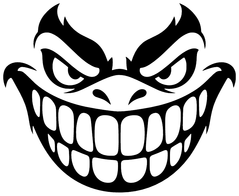 Grinning monster vinyl decal, bold black eyes and toothy smile face