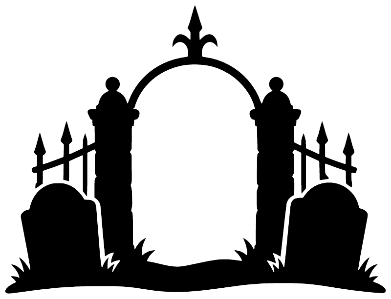Cemetery arch vinyl decal with black silhouettes of tombstones and wrought fence