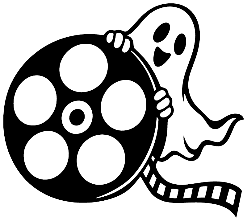 White-and-black ghost holding film reel vinyl decal with skull-like face