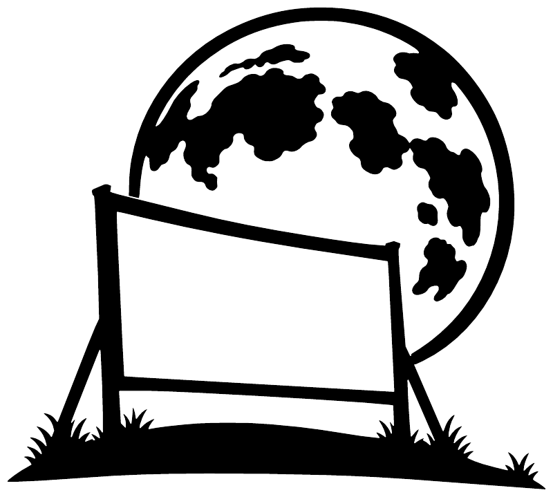 Black and white vinyl decal: globe moon over open screen with grass base
