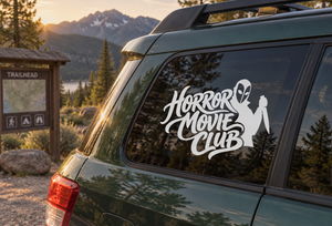 Horror Movie Club vinyl decal on car window, black and white lettering with silhouettes