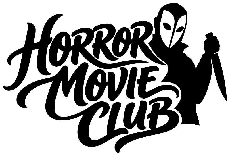 Horror Movie Club vinyl decal logo: black stylized text with mask and woman silhouette